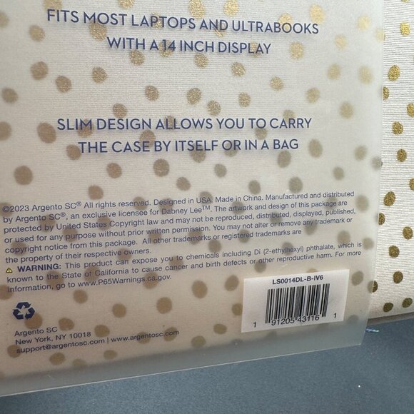 Dabney Lee fabric sleeve for laptops or Ultrabooks 14” white gold polka dots vel - Picture 12 of 12
